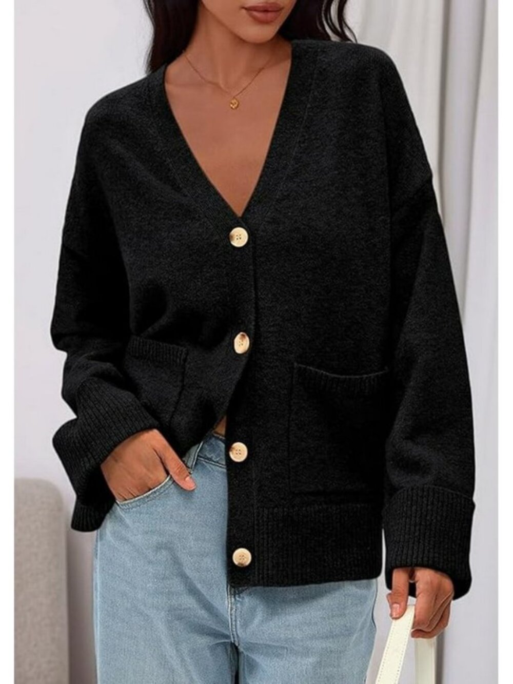 By Together V-neck knitted cardigan black women's size L